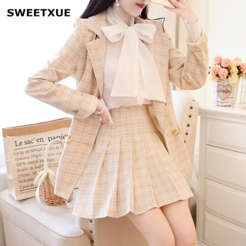 SWEETXUE Fashion Elegant Skirt Suits Women Plaid Blazer Suit Jacket + Slim Mini Skirts + White Bow Shirt 3 Pieces OL Sets 2021