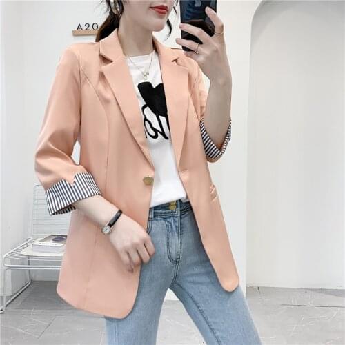 Spring Autumn New Women Fashion Thin Blazer Coat 2021 Three Quarter Sleeve Striped Single Button Solid Slim Jacket