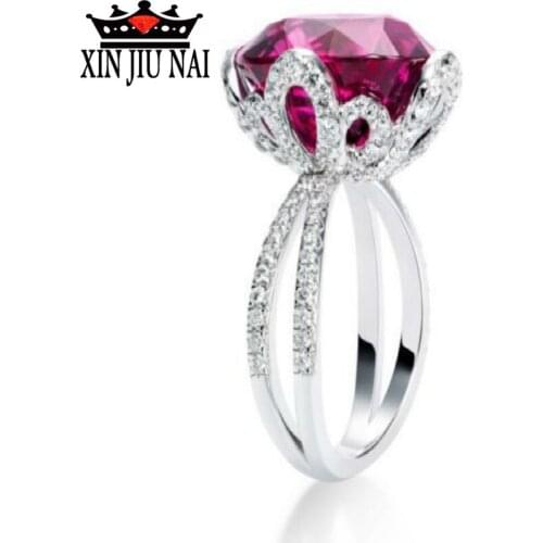 925 sterling silver Hot Sale Rose Red Round Zirconia Womens Ring Fashion Flower Wedding Ring with Big Stone Jewelry anillos