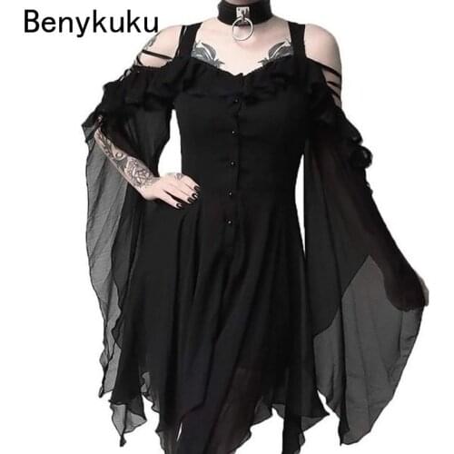 Plus Size Women Gothic Punk Strap Dress Cosplay Costume Ruffles Flare Sleeve Sexy Off Shoulder Irregular Hem Swing Party Dresses