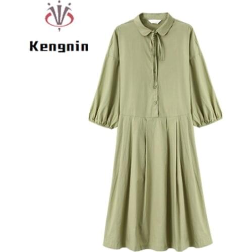 2021 Autumn French Style Womens Tunic Dress Loose Oversized 4XL Bow Ladies Vestidso Green Dresses Long Puff Sleeve Robe KE1693