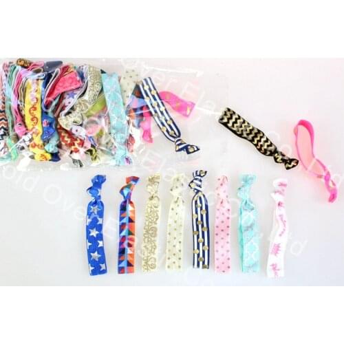 100pcs/lot 5/8'' printed fold over elastic hair ties elastic hair accessories ribbon elastic ponytail holders mix colors