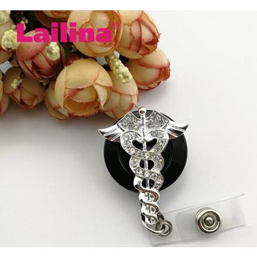 20pcs/lot Rhinestone Scepter Nurse Retractable ID Badge Holder Reel