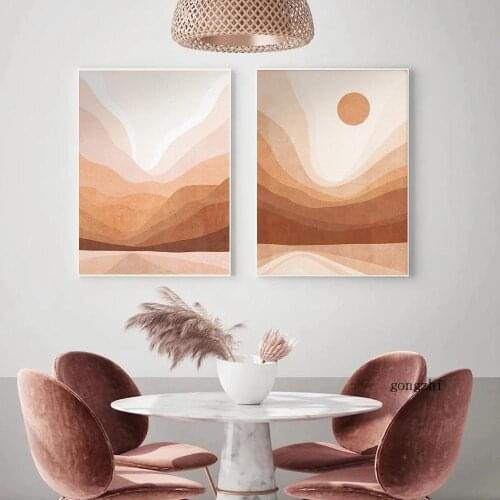Sun Mountain Abstract Landscape Poster Neutral Canvas Painting and Prints Rustic Boho Wall Art Pictures Living Room Home Decor