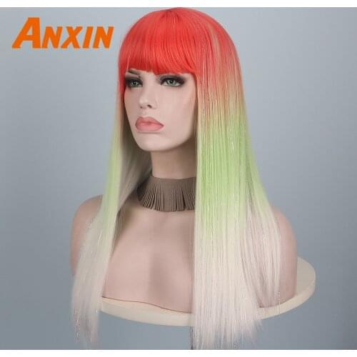 Anxin Long Straight Wig Rainbow Color With Bangs For Women Anime Cosplay Synthetic Wig