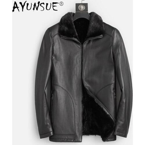 AYUNSUE Winter Warm Genuine Sheepskin Leather Jackets Men Raccoon Fur Collar Coats Mens Clothes Korean Chaquetas Hombre SQQ306
