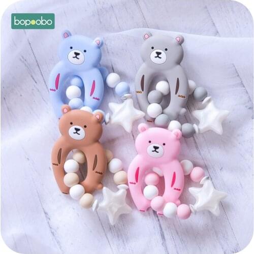 Bopoobo 1pc Baby Silicone Training BPA Free Cartoon Bear Star Safe Teether Chew Toys Teething Ring Gift For Infant Bathe Chewing