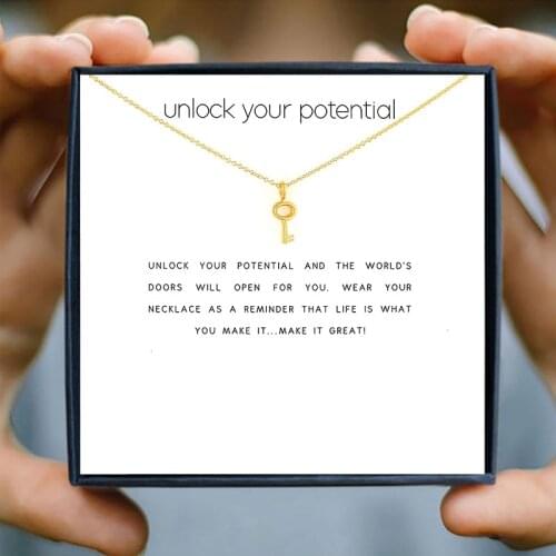Icareu Hollow Love Unlock Golden Key Pendant Necklace New Confident Gift Box Wish Card Chain Clavicle Short Necklaces Jewelry