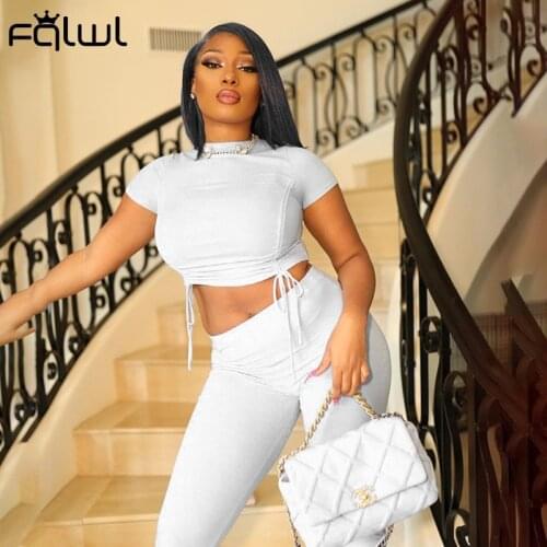 FQLWL Summer Streetwear Bodycon White 2 Two Piece Sets Women Outfits Knitted Bandage Crop Top Split Trousers Fitness Tracksuit
