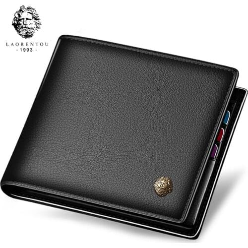 LAORENTOU Wallet Men 100% Genuine Leather Short Wallet Vintage Cow Leather Coin Purse Casual Wallets Purse Standard Card Holders