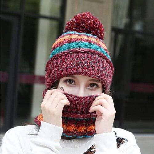 New Knitted Hat Neck Mask Three Piece Suit Plush Color Matching Cycling Warm and Thickened Woolen Hat for Women In Winter