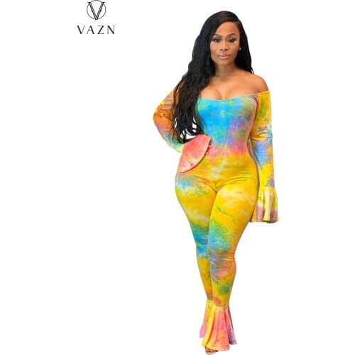 VAZN New 2021 Slash Neck Lady Tie Dye Print Fashion Lady Beach Style Jumpsuit Sexy Holiday Shinny Jumpsuits