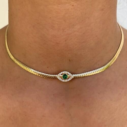 2021 Summer New Fashion 4MM Plain Herringbone Snake Chain Micro Pave CZ Green Evil Eye Charm Choker Necklace Jewelry For Women