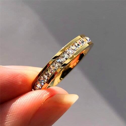 Luxury Female Crystal CZ Stone Ring Vintage Stainless Steel Women Wedding Rings Fashion Promise Yellow Gold Engagement Ring