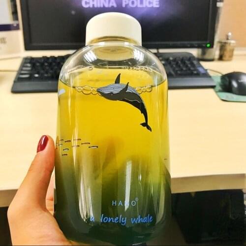 Whale Gradient Glass Heat Resistant Juice Cup with CoverCloth Bag Korean Style Lovely Portable Personalized Packaging Handy Cup