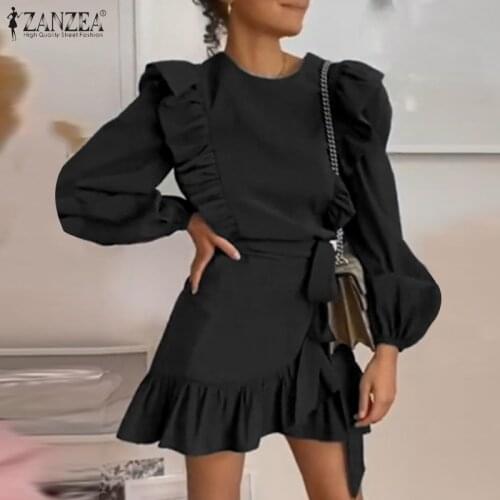 2021 Spring Sundress Women Ruffle Dress ZANZEA Fashion Bandge Mini Vestidos Casual Female Solid Puff Sleeve O-neck Sarafans 5XL