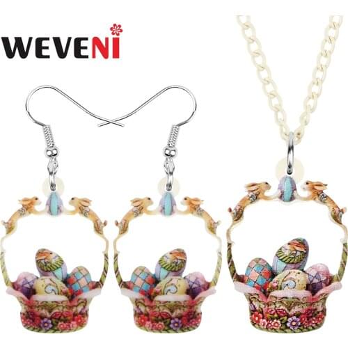 WEVENI Acrylic Easter Rabbit Basket Floral Eggs Jewelry Sets Printing Earrings Necklace For Women Kids Party Gift Accessories
