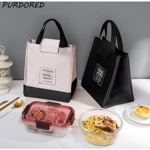 PURDORED 1 Pc Large Lunch Bag for Women Pink Food Picnic Fresh Cooler Bag Insulated Durable Bento Pouch Thermal Lunch Box Tote