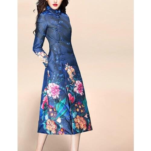 Winter Fall Fashion Vintage Womens Stnad Collar Floral Printed Blue Padded Parka Coat , Slim Thick Warm Parkas Coats for Woman