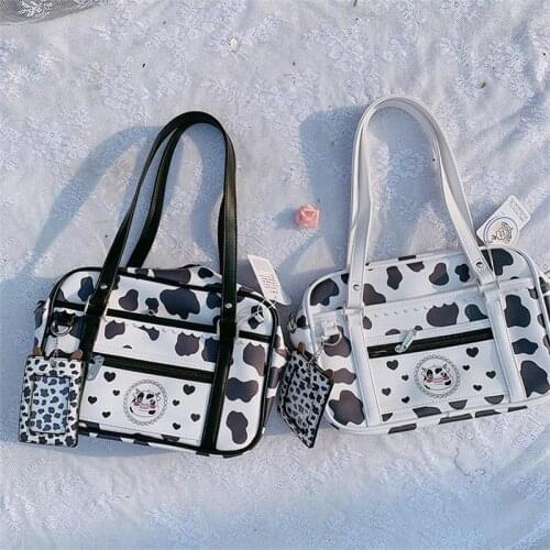 Preppy Style Cute Lolita Girl Dairy Cow Spot Handbag Sweet Womens JK Uniform PU Leather Shoulder Bags Cosplay 28x19x7cm