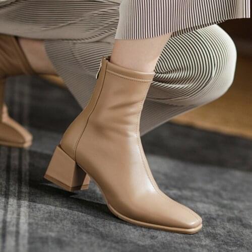 Shoes Boots Women New 2021 Zipper Autumn High Heel Rock Ladies Ankle Basic PU Square Toe TPR Metal Decoration Retro Solid Hoof