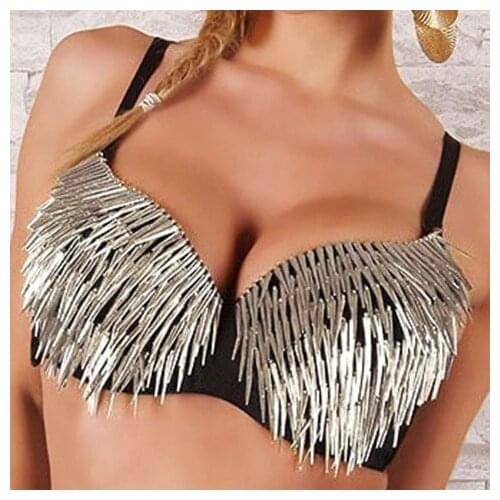 Sexy Bras Women Party 2021 New Punk Dance Push Up Bra Nightclub Costumes Bras Bralette Encaje Fringe Patch silvery Girls' Night