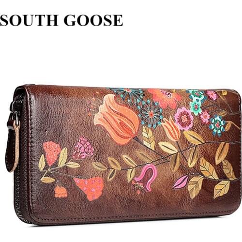 SOUTH GOOSE Womens Wallet Genuine Leather Female Long Clutch Handy Bag Flower Embossing Vintage Cowhide Money Clips Cards Purse