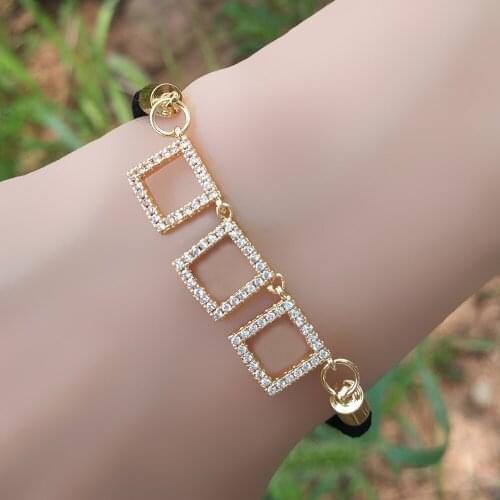 Cubic Zirconia Hollow Square Bracelet Women Gold Filled Black Rope String Bracelets Adjustable Jewelry Bohemia Gold Bracelet