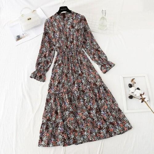 Womens Floral Print Pleated Chiffon Dress Spring Autumn Female Casual Long Sleeve O-neck Elastic Waist Office Dresses