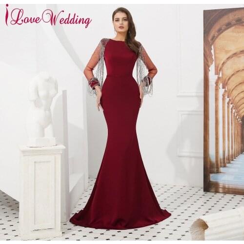 Robe De Soiree O Neck Crystal Tassel Long Sleeves Evening Dresses Sexy Long Sweep Train Evening Party Gown