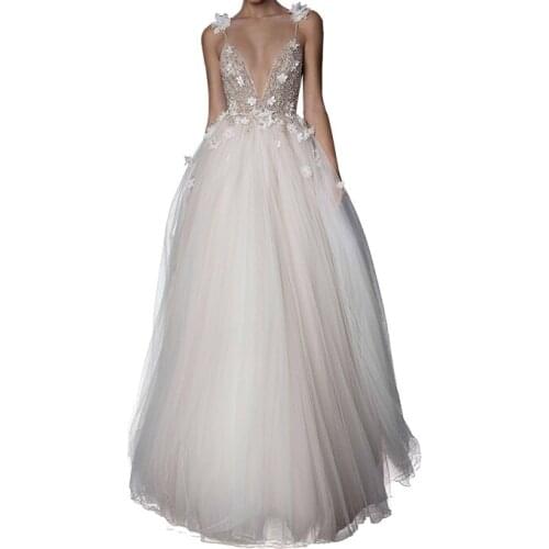 SSYFashion New Luxury Evening Dress Sexy V-neck Backless Lace Flower Beading Beach Gown Formal Prom Dresses Vestido De Noiva