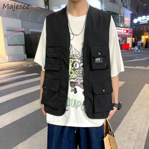 Men Vests Solid Simple Fashion Multi-pocket Loose Cargo Jackets Daily Couples Chic Outwear Ins Harajuku Casual High Street Retro