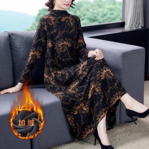 Winter Loose 5XL Plus Size Floral Plush Padded Warm Maxi Dress Autumn Casual Vintage Sequins Dress Elegant Women Bodycon Vestido