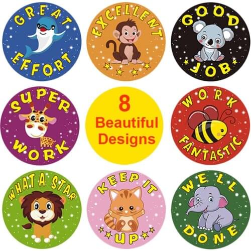 8 designs "Well done" reward stickers Cartoon animals inspiring words sticker good for teachers and children stationery sticker