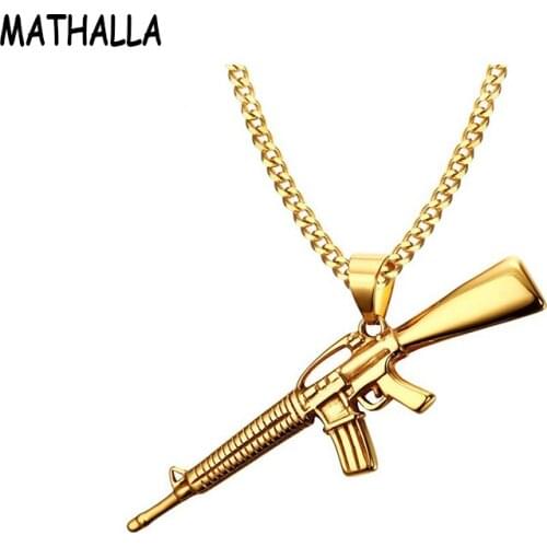 MATHALLA Fashion Rifle Pattern Pendant Necklace with Stainless Steel Cuban Chain Rock Style Hip Hop Men’s Jewelry