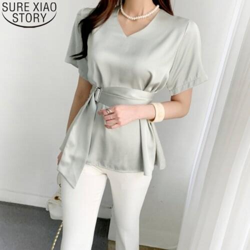 Elegant Summer Satin Blouse 2021 Fashion V-neck Women Chiffon Blouse with Sashes Ladies Tops Blusas Mujer De Moda Verano 13954