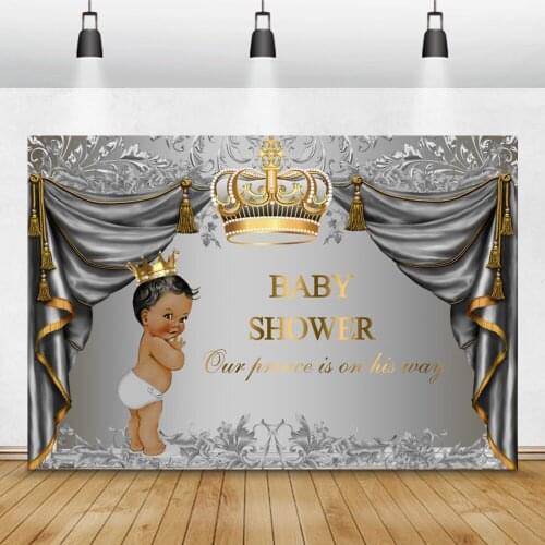 Laeacco Baby Shower Photography Backdrops Gray Curtain Flower Patterns Crown Little Prince Custom Photo Backgrounds Photozone