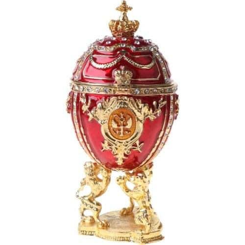 918F Red Gold Crown Faberge-Egg Series Hand Painted Jewelry Trinket Box Unique Gift for Easter Home Decor Collectible