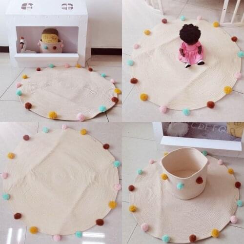 Newborn Baby Hand Woven Cotton Crawling Pad with Wool Ball Play Game Rugs Round Floor Carpet Mat for Children Interior Room Deco