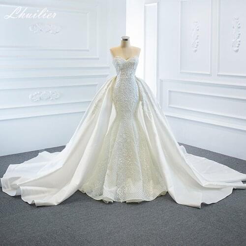 Lhuilier 2 in 1 Mermaid Lace Wedding Dresses 2021 Strapless Satin Floor Length Sleeveless Bridal Dress with Detachable Train