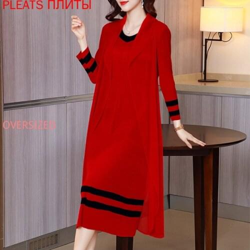 Miyake Pleated Dress 2021 Spring and Summer Womens New Style Pleats Vestido De Mujer Robes Robe Femme Vestidos Fake Two