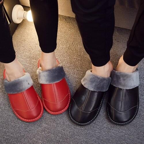 Winter Men And Women Home Indoor Non-slip Warm Cotton Slippers Leather Stitching Comfortable Sheepskin Cotton Slippers Men