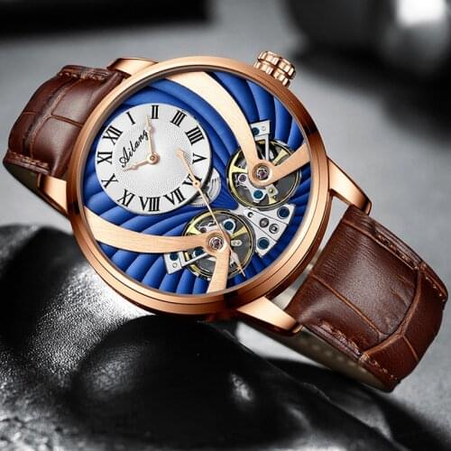 Mens Mechanical Watch Automatic Stainless Steel Blue Dial Double Tourbillon Sports Waterproof Luminous Mens Watch AILANG 8821