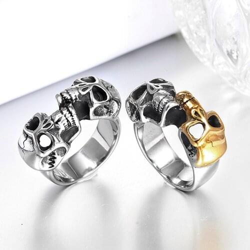 Gothic Double Skull Ring For Men Punk Hip Hop Stainless Steel Skull Biker Ring Fashion Men Boy Jewelry Gift Wholesale