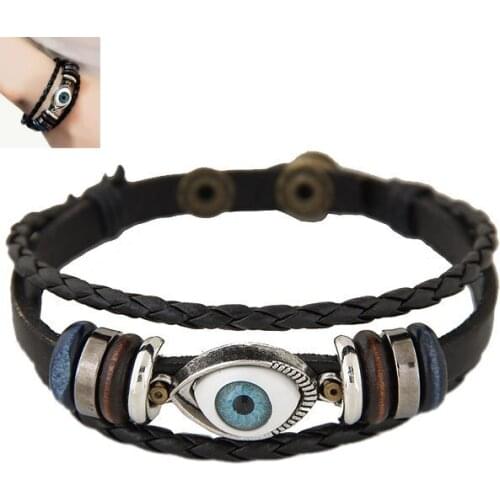 2021 Mens Retro Woven Blue Turkish Eye Leather Bracelet Multilayer Woven Bracelet Jewelry Gift