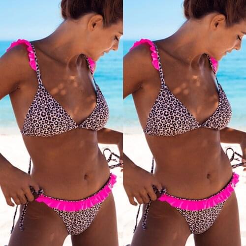 NEW Sexy Bikini Leopard Bathing Suit Women Ruffle Tie Side Push Up Bikini High Cut Swimwear Women Triangle Suit Swimsuit 2021