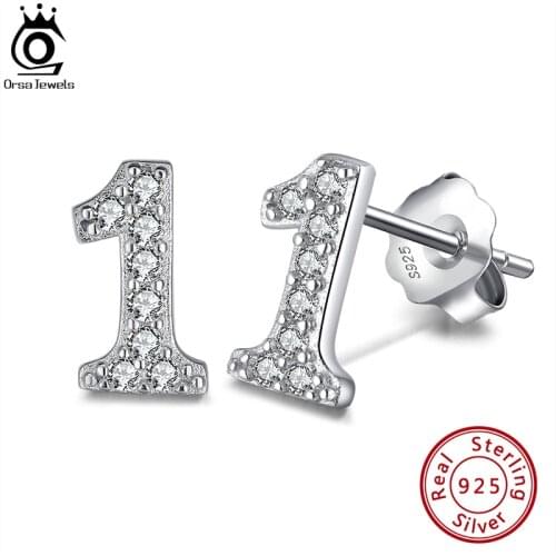 ORSA JEWELS 925 Sterling Silver Tiny Digital Stud Earrings Find Your Simple Lucky Numbers AAAA Zircon Ear Stud Jewelry SE324