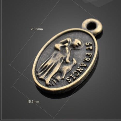 High Quality 20 Pieces/Lot 15.3mm*26.3mm Antique Bronze Small Metal Oval Tag Religious Catholic Charm St Francis Pet Tag Charms