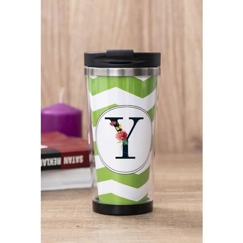 Gift Shop Y Letter Flower Design Green Thermos Cup