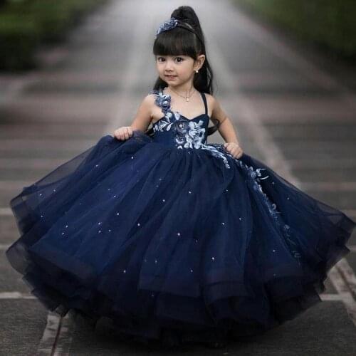 Navy Blue Flower Girl Dresses For Wedding Lace Appliques Puffy Toddler Pageant Gowns Little Kids Princess Birthday Party Dress